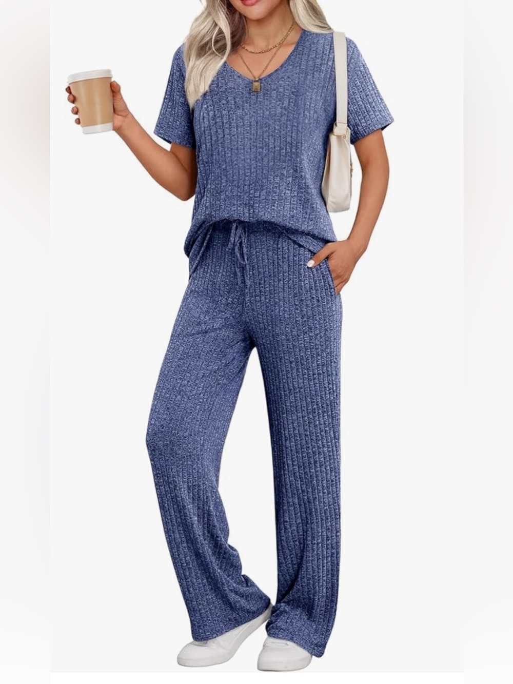 Cozy Ribbed Knit Lounge Set - Blue